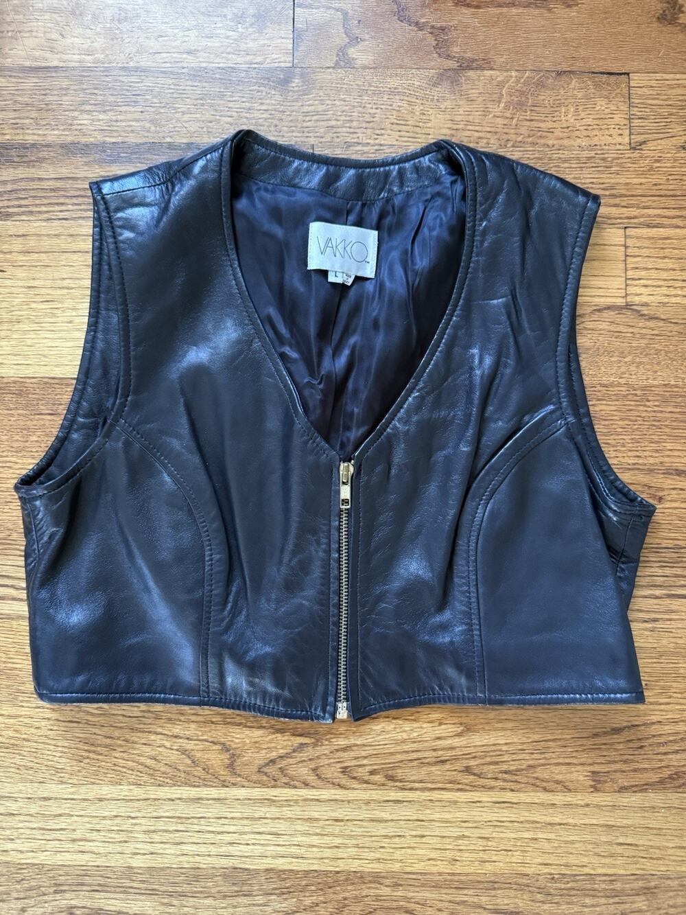 Vintage VAKKO Black Leather Cropped Zip Front Vest Size L Made in Turkey